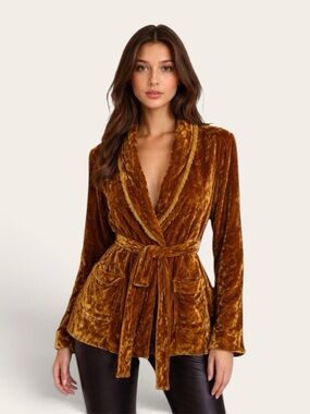 Golden Crushed Velvet Silk Blazer Tie Belt Stevie Knicks 70s Glam Romantic